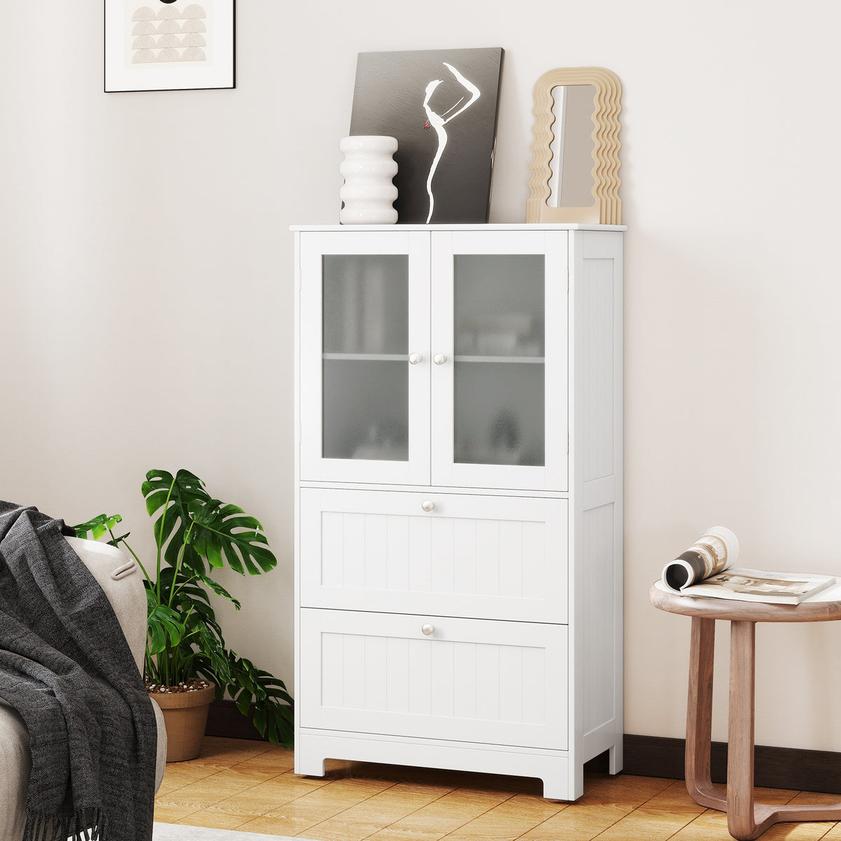 Bathroom Floor Storage Cabinet with 2 Drawers & Glass Doors - White-Floor Cabinets-DECOROLALA