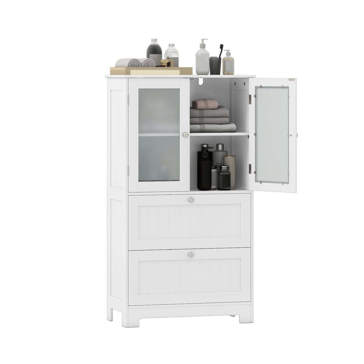 Bathroom Floor Storage Cabinet with 2 Drawers & Glass Doors - White-Floor Cabinets-DECOROLALA