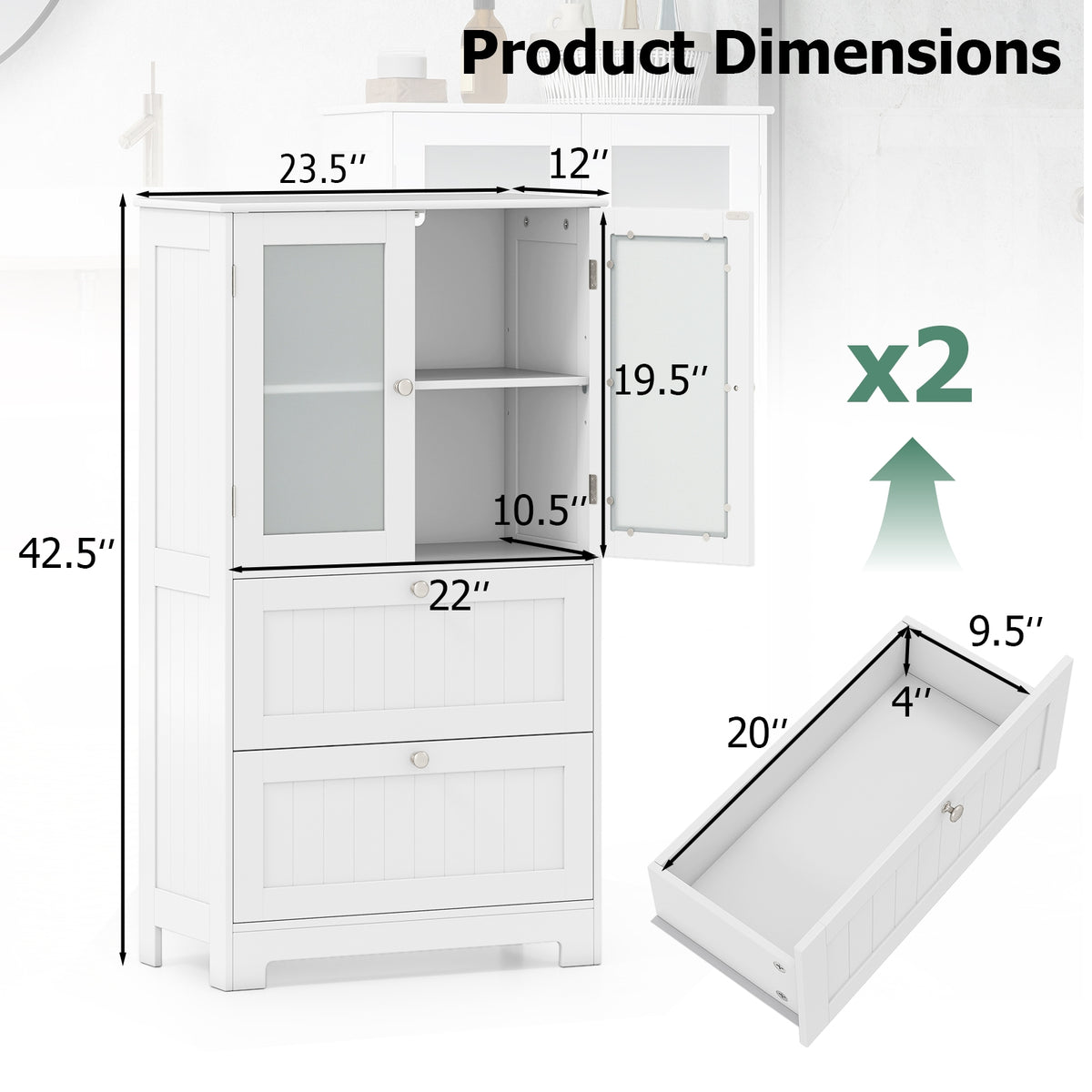 Bathroom Floor Storage Cabinet with 2 Drawers & Glass Doors - White-Floor Cabinets-DECOROLALA