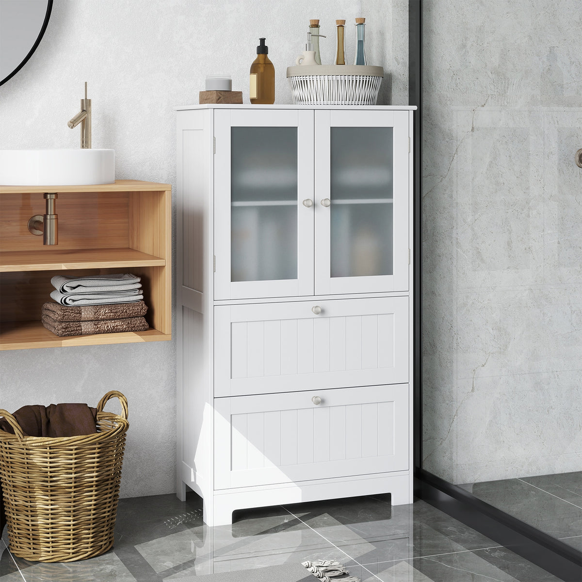Bathroom Floor Storage Cabinet with 2 Drawers & Glass Doors - White-Floor Cabinets-DECOROLALA