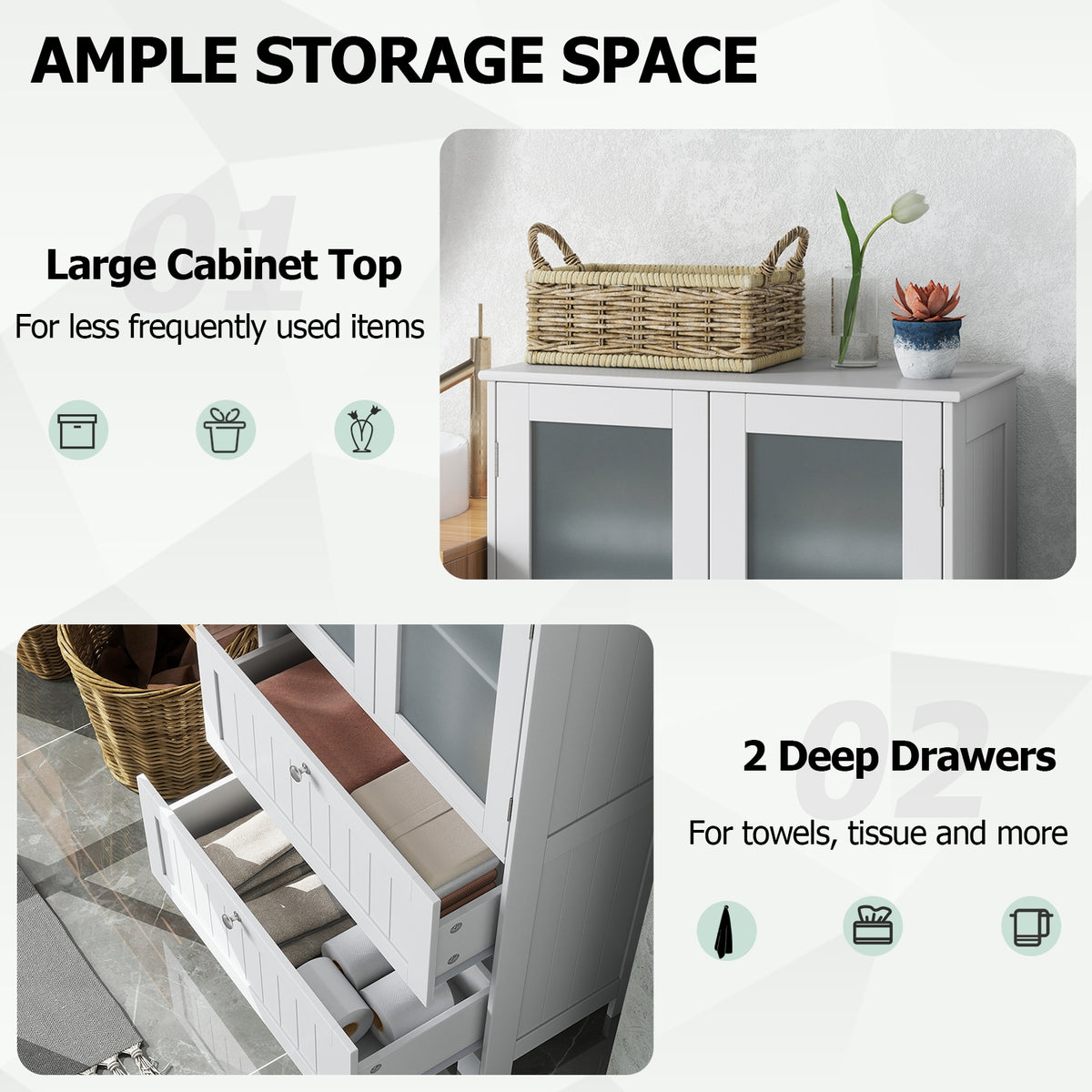 Bathroom Floor Storage Cabinet with 2 Drawers & Glass Doors - White-Floor Cabinets-DECOROLALA