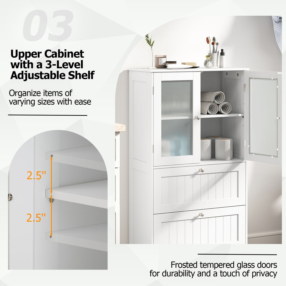 Bathroom Floor Storage Cabinet with 2 Drawers & Glass Doors - White-Floor Cabinets-DECOROLALA