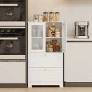 Bathroom Floor Storage Cabinet with 2 Drawers & Glass Doors - White-Floor Cabinets-DECOROLALA