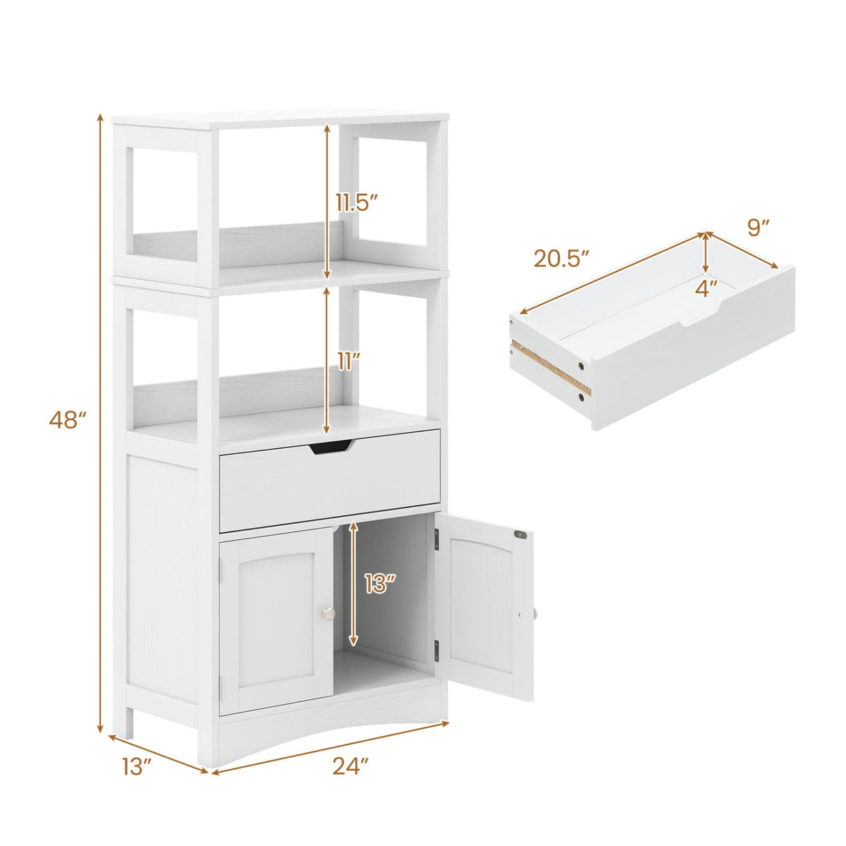 Bathroom Floor Storage Cabinet with Drawer and 2 Doors - White-Floor Cabinets-DECOROLALA