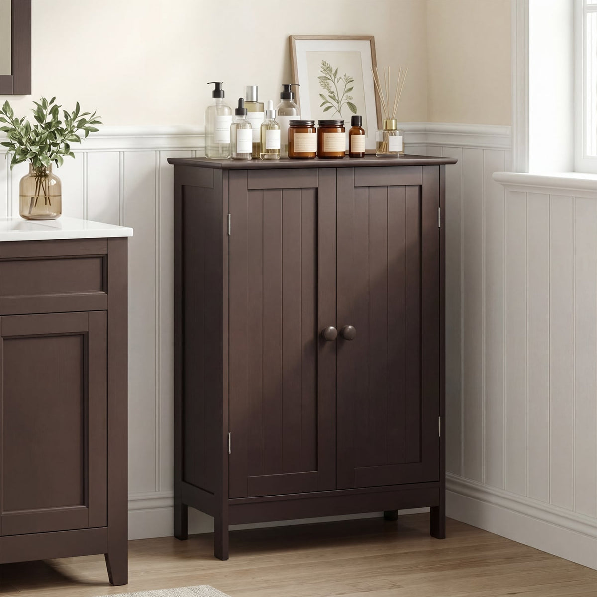 Bathroom Floor Storage Double Door Cupboard Cabinet-Brown-Floor Cabinets-DECOROLALA