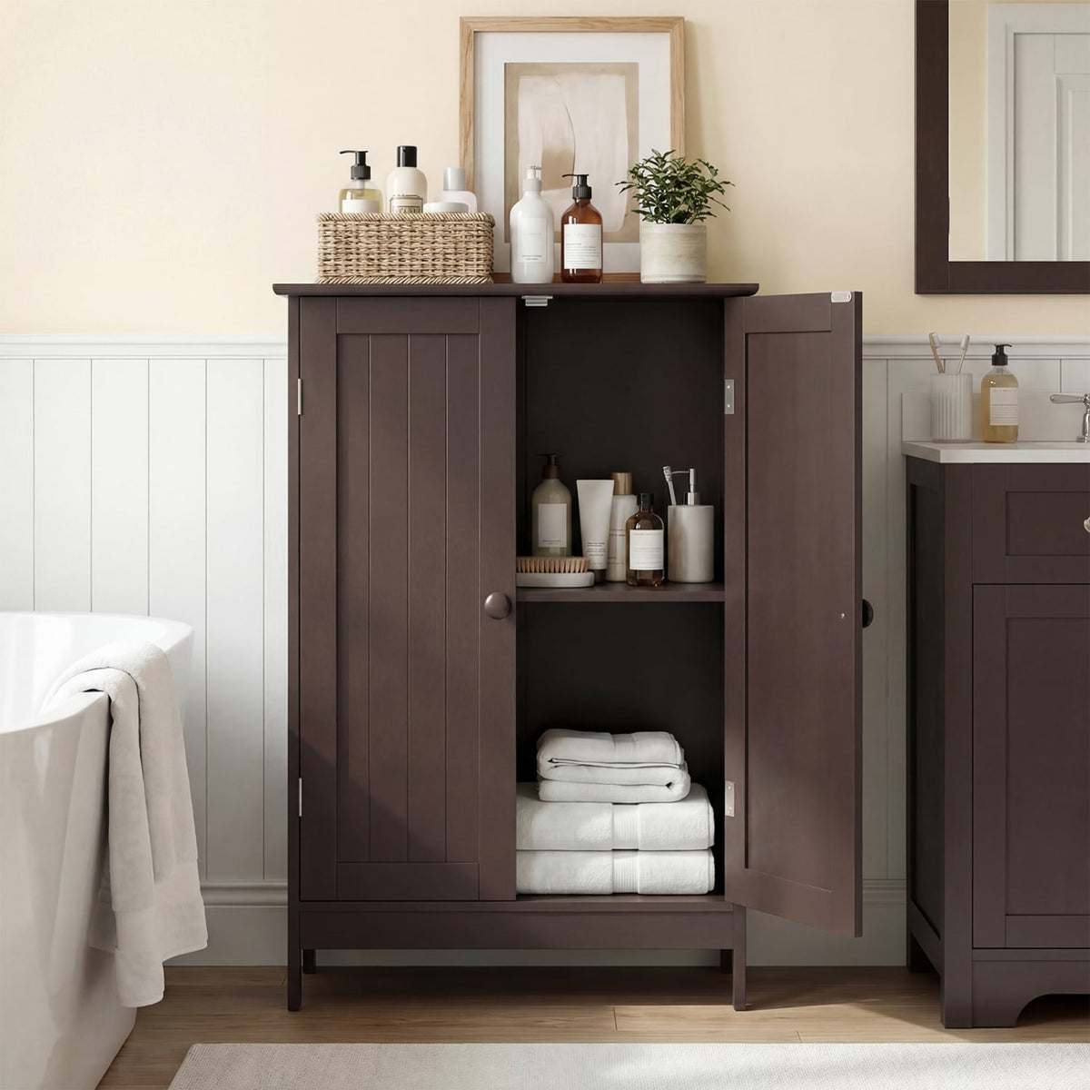 Bathroom Floor Storage Double Door Cupboard Cabinet-Brown-Floor Cabinets-DECOROLALA
