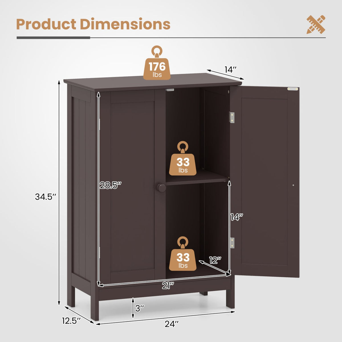 Bathroom Floor Storage Double Door Cupboard Cabinet-Brown-Floor Cabinets-DECOROLALA