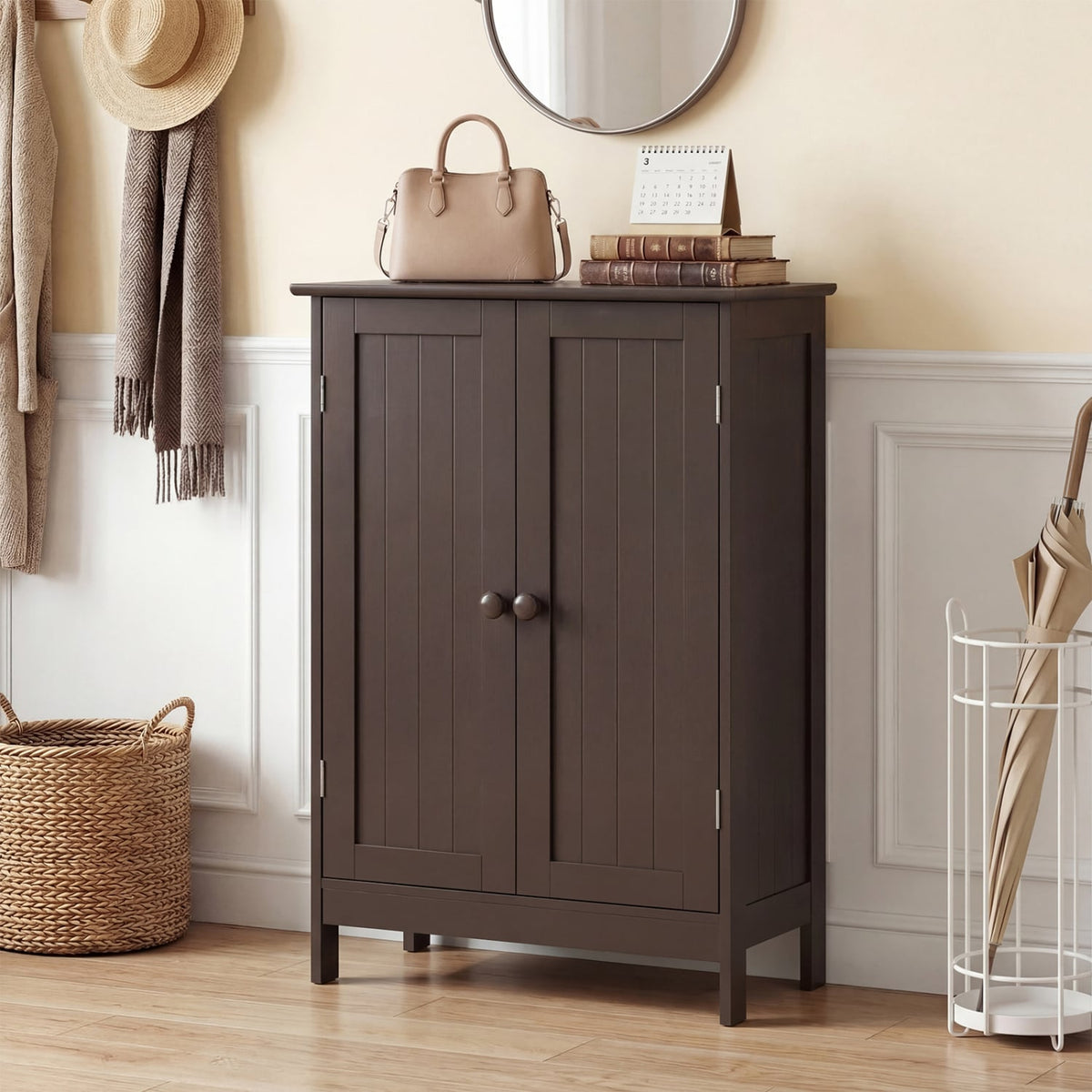 Bathroom Floor Storage Double Door Cupboard Cabinet-Brown-Floor Cabinets-DECOROLALA