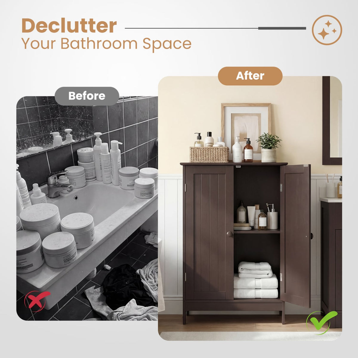 Bathroom Floor Storage Double Door Cupboard Cabinet-Brown-Floor Cabinets-DECOROLALA