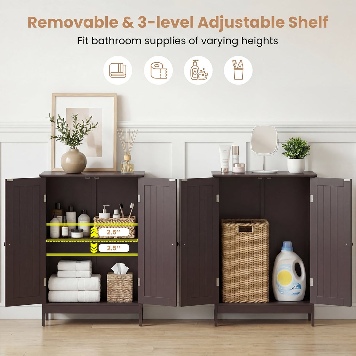 Bathroom Floor Storage Double Door Cupboard Cabinet-Brown-Floor Cabinets-DECOROLALA