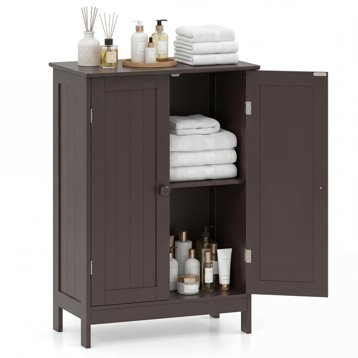 Bathroom Floor Storage Double Door Cupboard Cabinet-Brown-Floor Cabinets-DECOROLALA