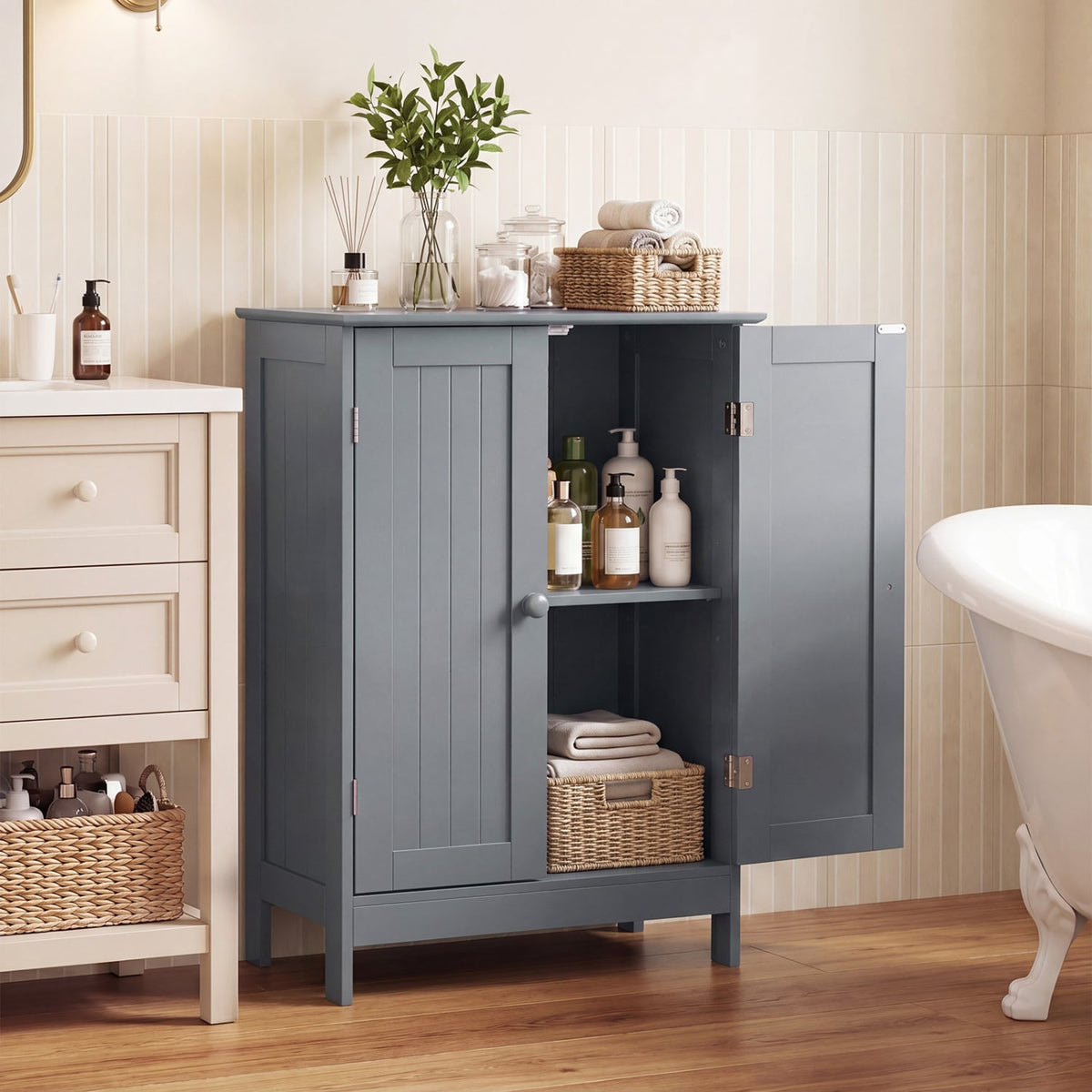 Bathroom Floor Storage Double Door Cupboard Cabinet-Gray-Floor Cabinets-DECOROLALA