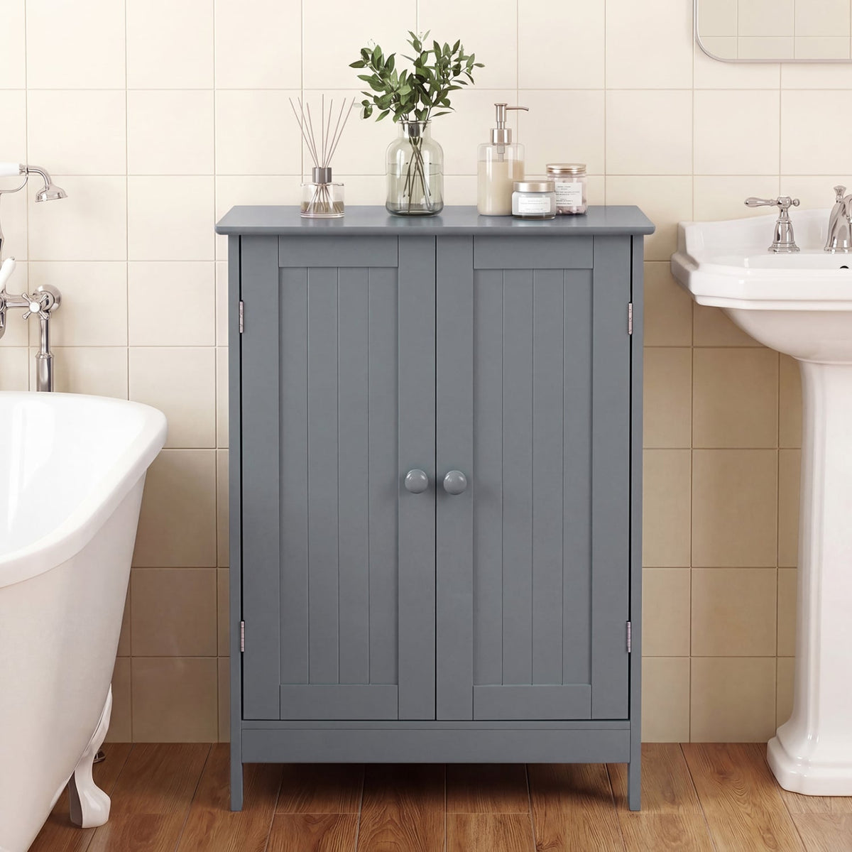 Bathroom Floor Storage Double Door Cupboard Cabinet-Gray-Floor Cabinets-DECOROLALA