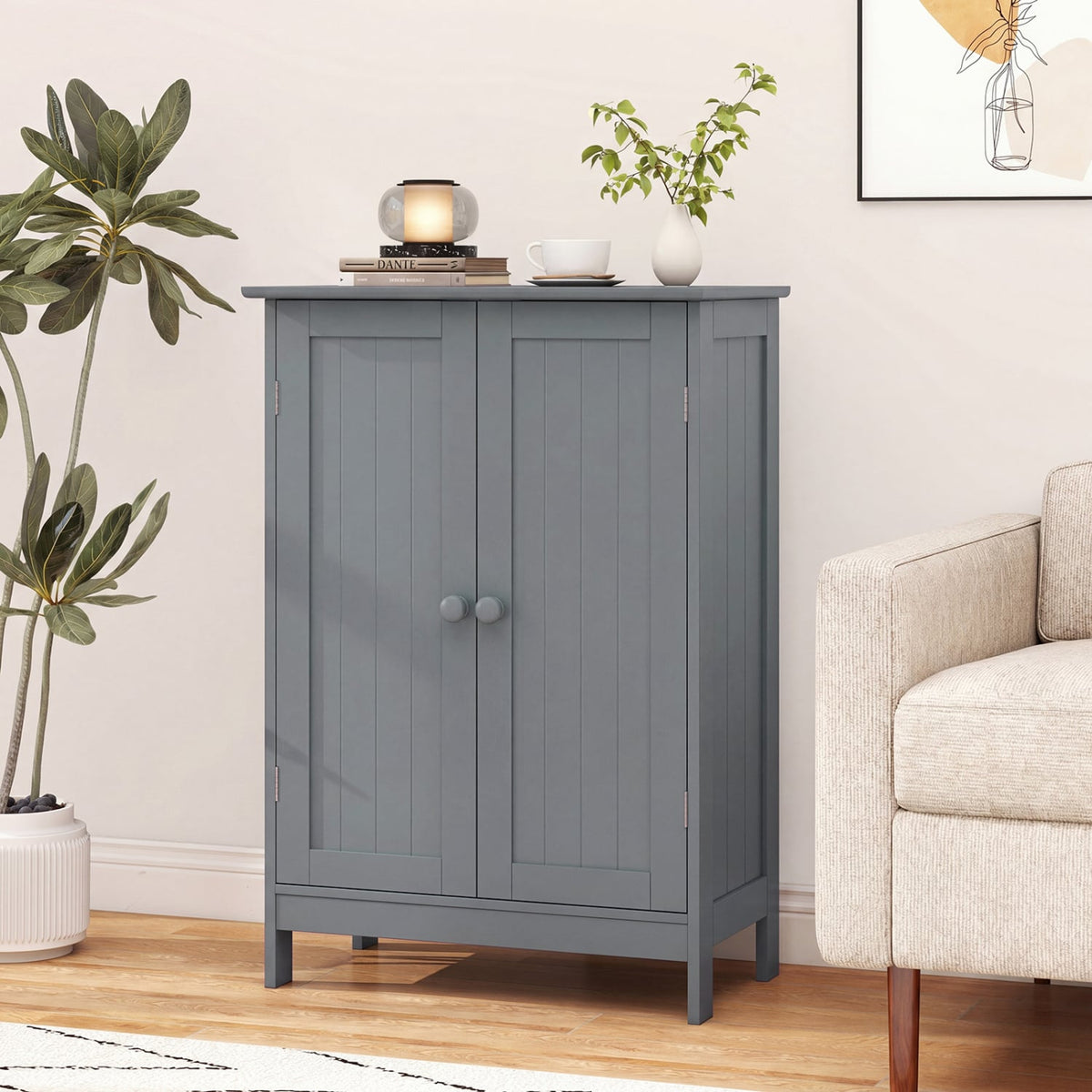 Bathroom Floor Storage Double Door Cupboard Cabinet-Gray-Floor Cabinets-DECOROLALA