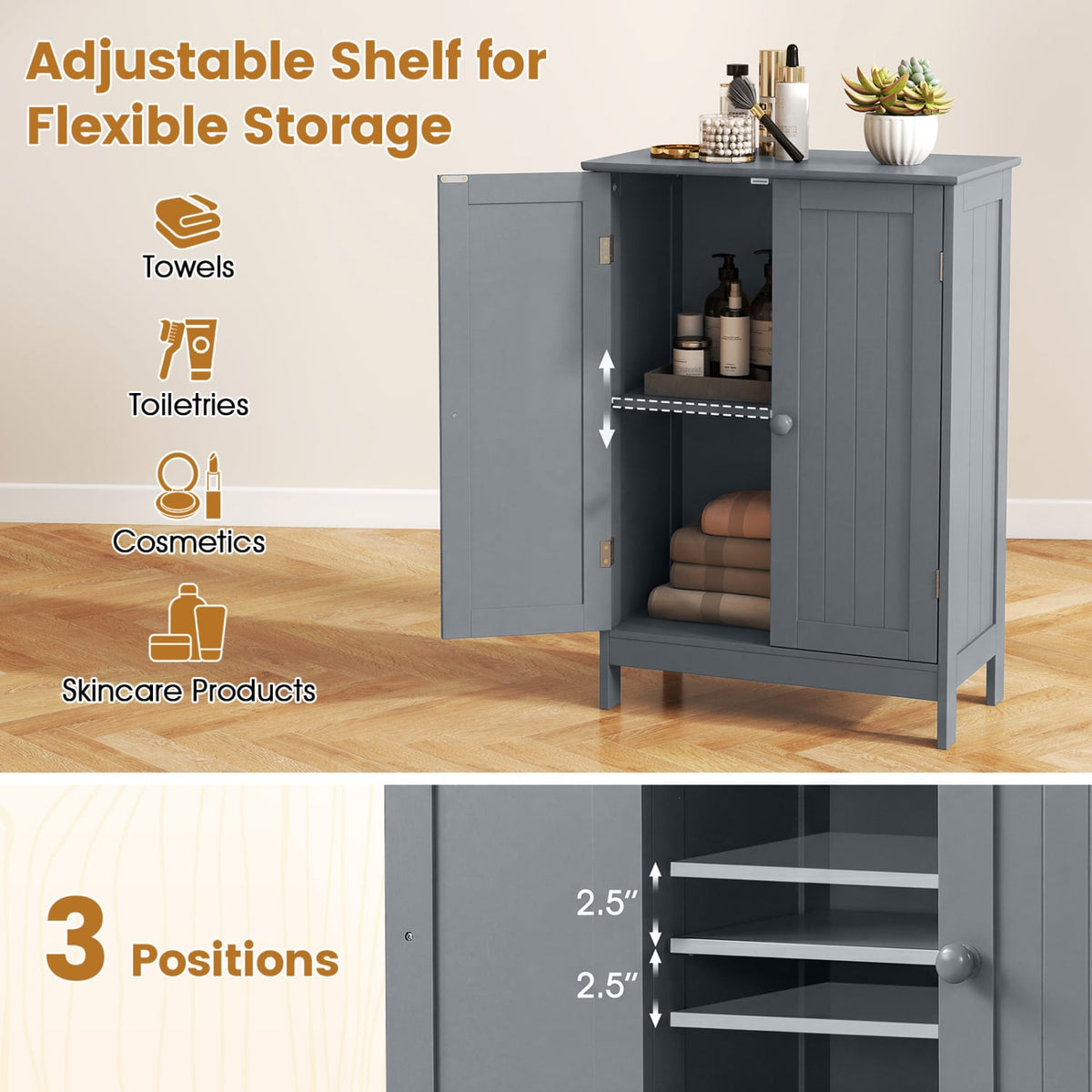 Bathroom Floor Storage Double Door Cupboard Cabinet-Gray-Floor Cabinets-DECOROLALA