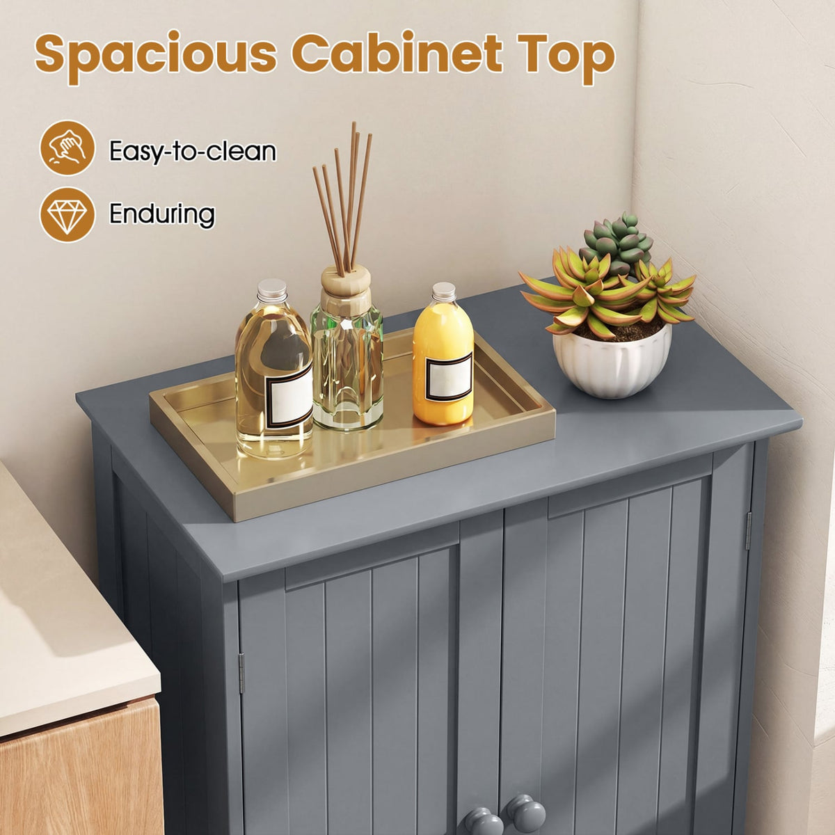 Bathroom Floor Storage Double Door Cupboard Cabinet-Gray-Floor Cabinets-DECOROLALA