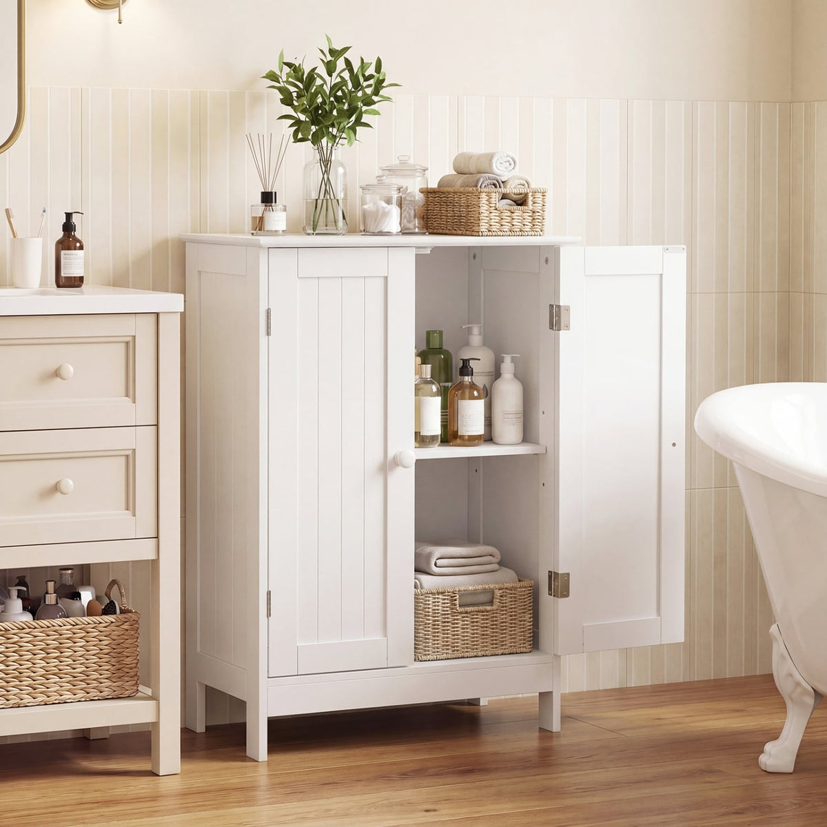 Bathroom Floor Storage Double Door Cupboard Cabinet-White-Floor Cabinets-DECOROLALA