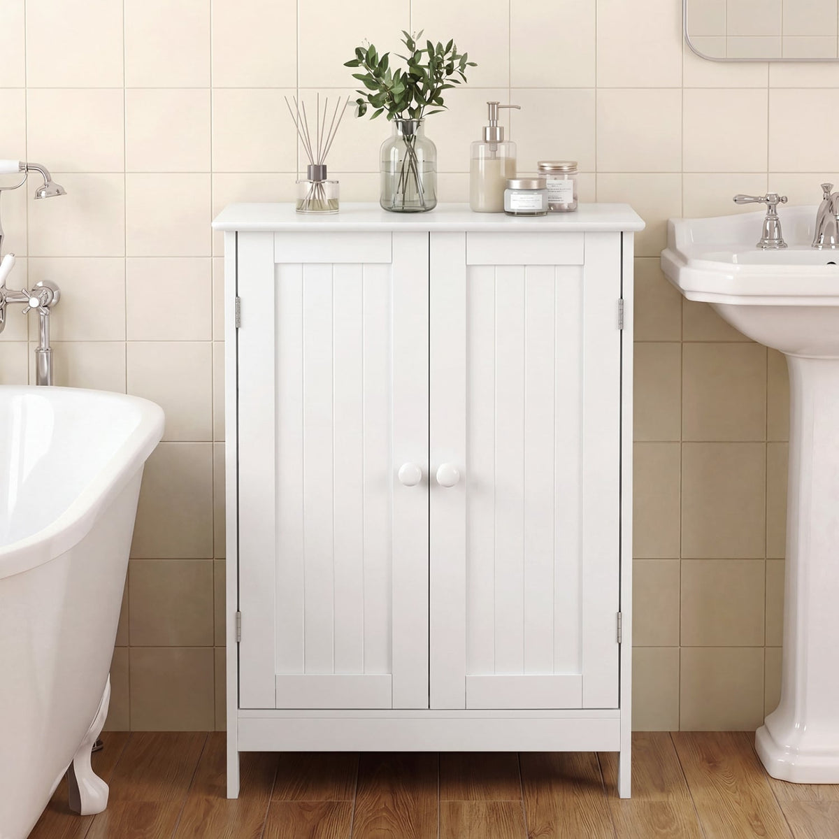 Bathroom Floor Storage Double Door Cupboard Cabinet-White-Floor Cabinets-DECOROLALA