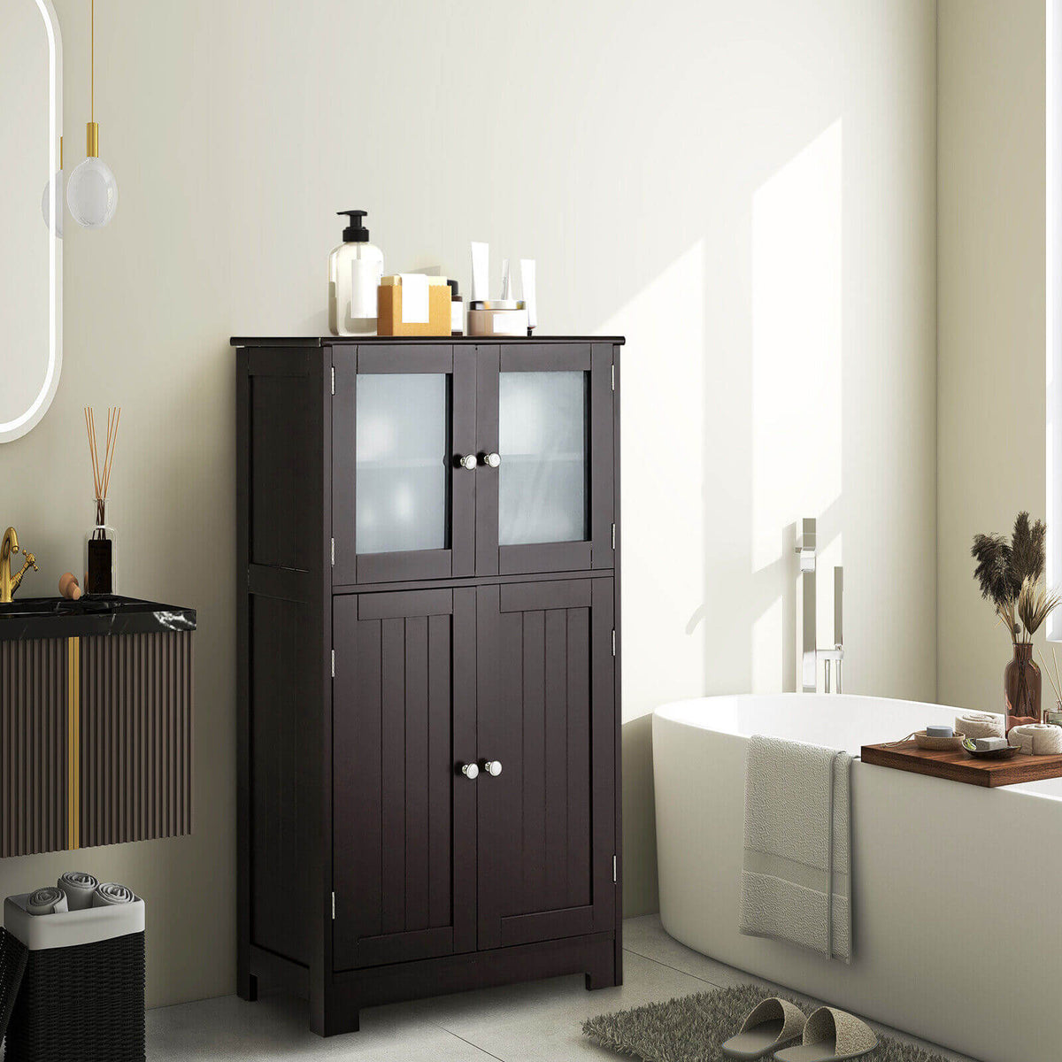 4-Door Bathroom Floor Cabinet with Adjustable Shelf - Brown-Floor Cabinets-DECOROLALA