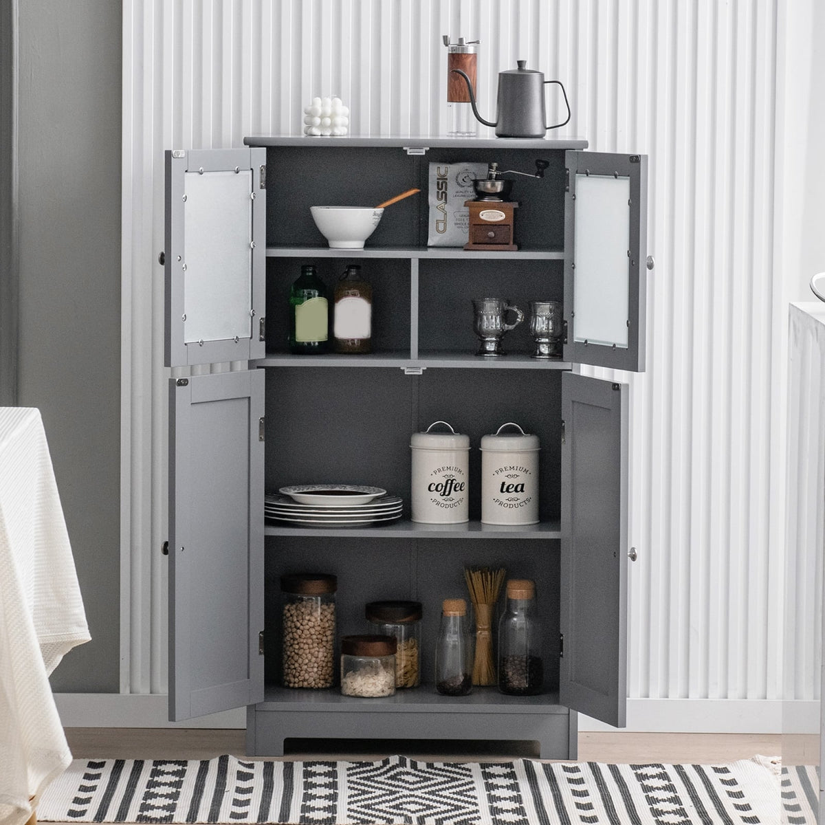 4-Door Bathroom Floor Cabinet - Gray 23" MDF Storage Locker-Floor Cabinets-DECOROLALA
