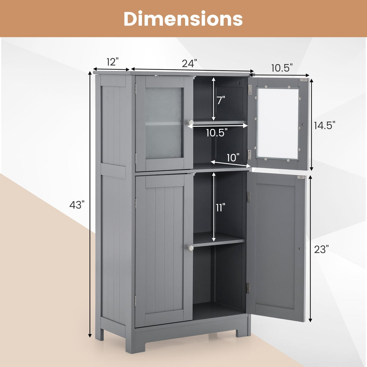 4-Door Bathroom Floor Cabinet - Gray 23" MDF Storage Locker-Floor Cabinets-DECOROLALA