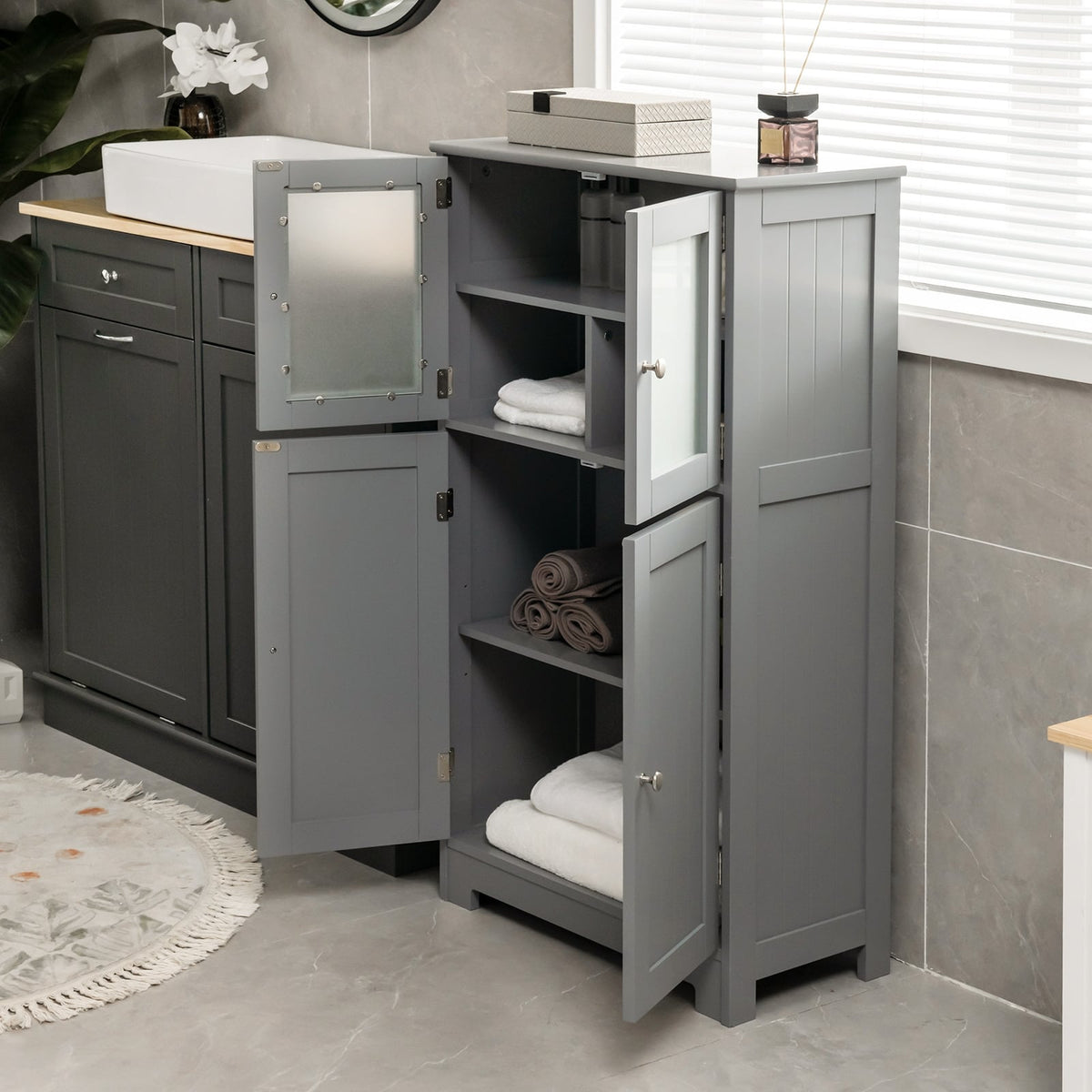 4-Door Bathroom Floor Cabinet - Gray 23" MDF Storage Locker-Floor Cabinets-DECOROLALA