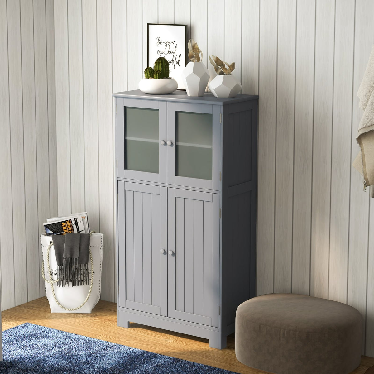 4-Door Bathroom Floor Cabinet - Gray 23" MDF Storage Locker-Floor Cabinets-DECOROLALA