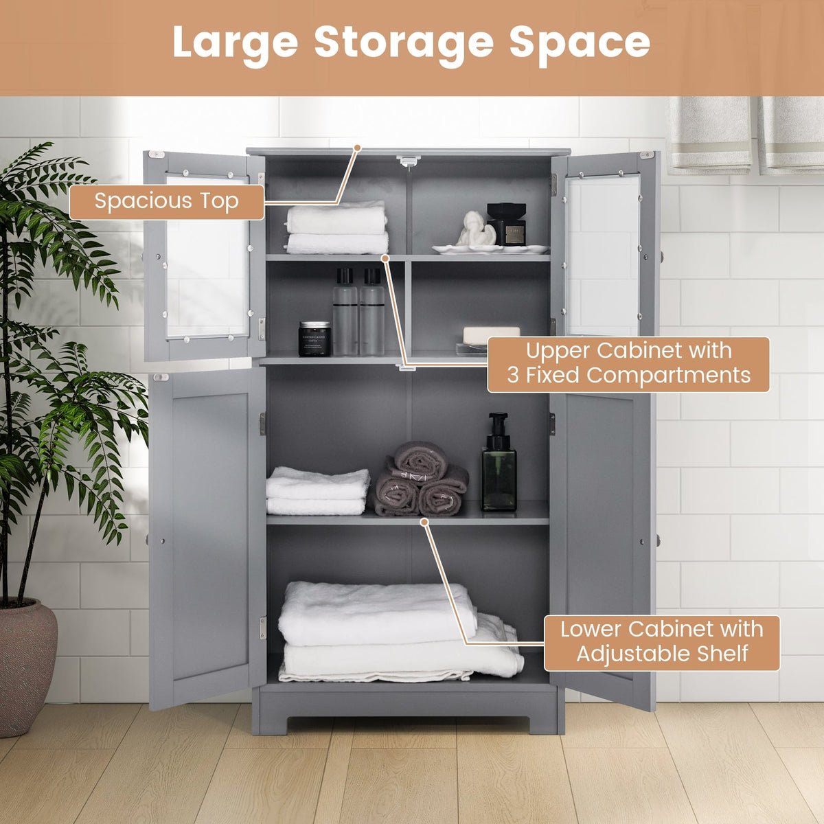 4-Door Bathroom Floor Cabinet - Gray 23" MDF Storage Locker-Floor Cabinets-DECOROLALA