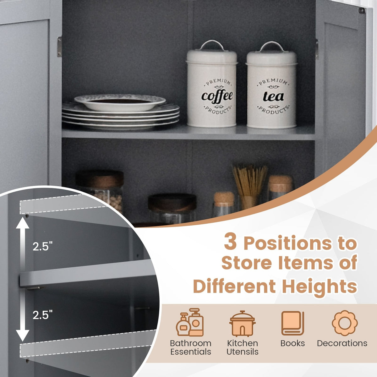 4-Door Bathroom Floor Cabinet - Gray 23" MDF Storage Locker-Floor Cabinets-DECOROLALA