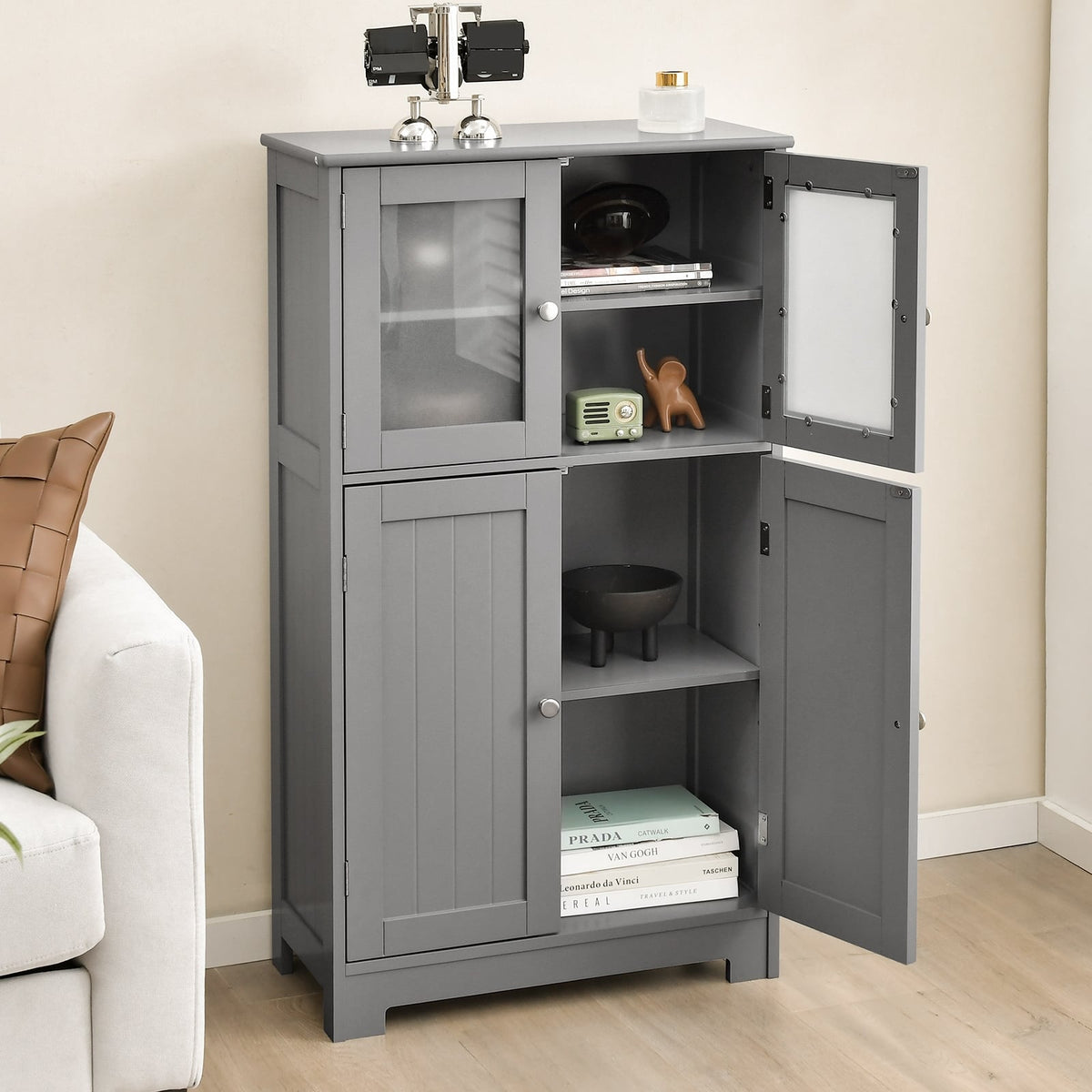 4-Door Bathroom Floor Cabinet - Gray 23" MDF Storage Locker-Floor Cabinets-DECOROLALA