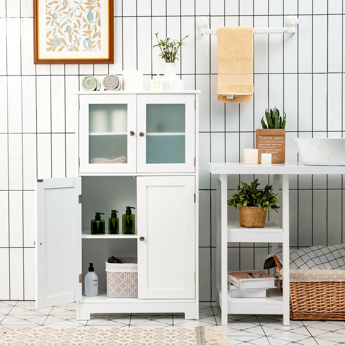 Bathroom Floor Storage Locker Kitchen Cabinet with Doors and Adjustable Shelf-White-Floor Cabinets-DECOROLALA