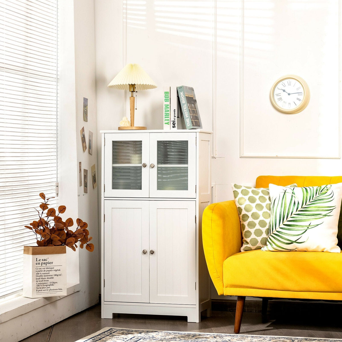 Bathroom Floor Storage Locker Kitchen Cabinet with Doors and Adjustable Shelf-White-Floor Cabinets-DECOROLALA