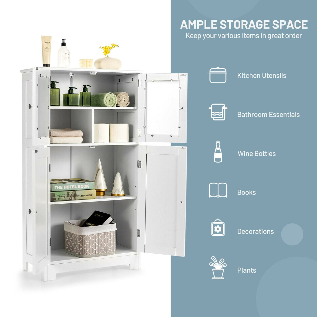 Bathroom Floor Storage Locker Kitchen Cabinet with Doors and Adjustable Shelf-White-Floor Cabinets-DECOROLALA