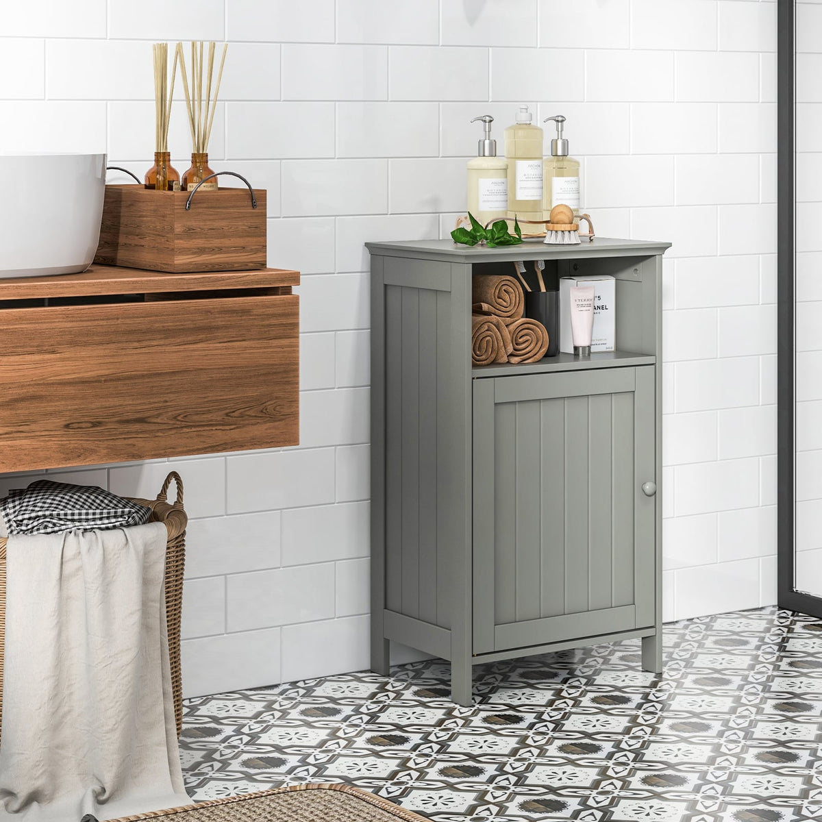 Bathroom Floor Storage Cabinet - Gray MDF Adjustable Shelf 27.5"-Floor Cabinets-DECOROLALA