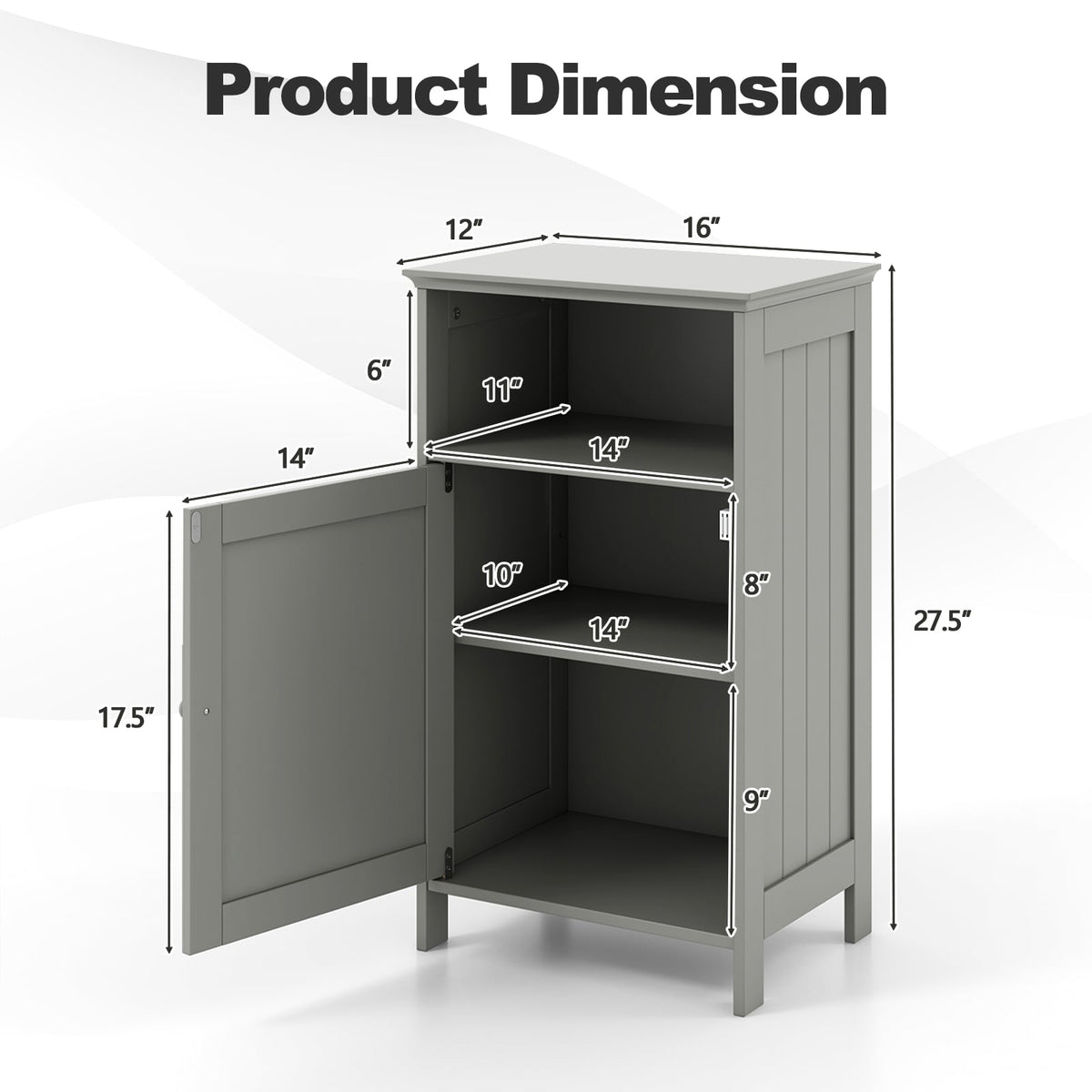 Bathroom Floor Storage Cabinet - Gray MDF Adjustable Shelf 27.5"-Floor Cabinets-DECOROLALA