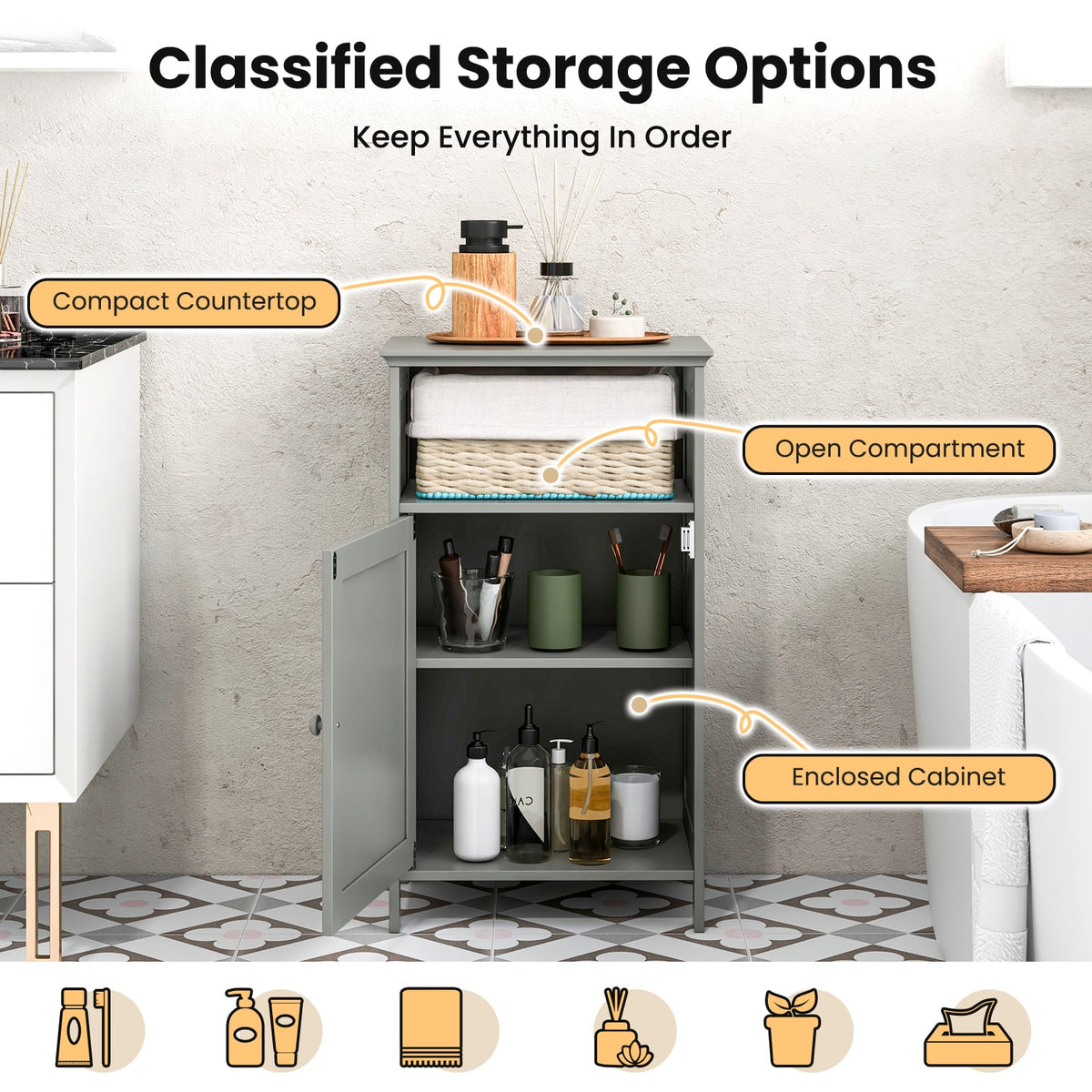 Bathroom Floor Storage Cabinet - Gray MDF Adjustable Shelf 27.5"-Floor Cabinets-DECOROLALA