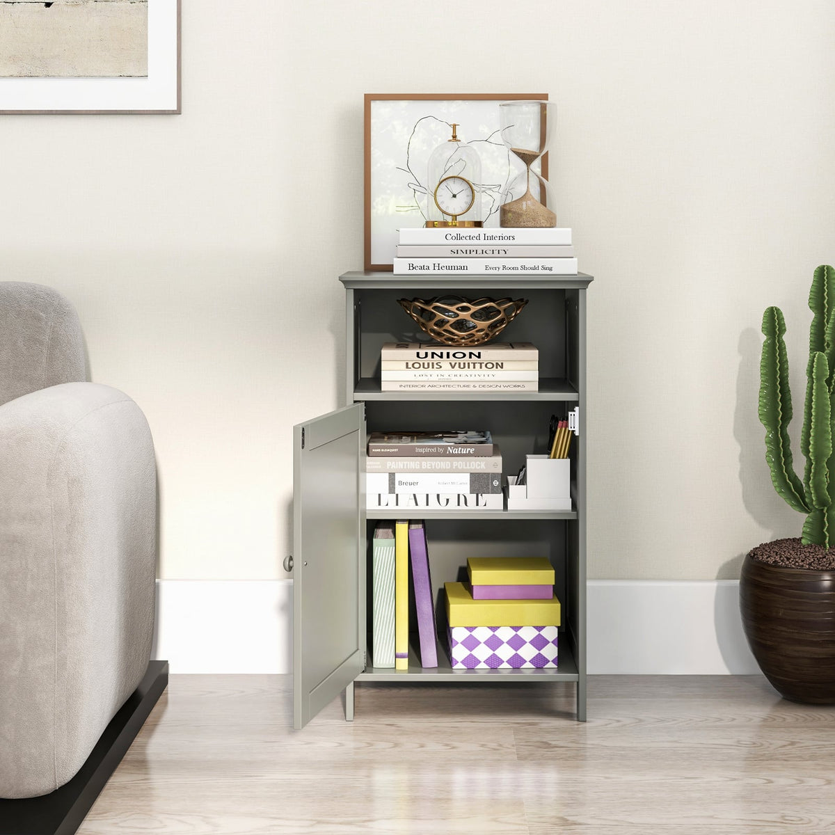 Bathroom Floor Storage Cabinet - Gray MDF Adjustable Shelf 27.5"-Floor Cabinets-DECOROLALA