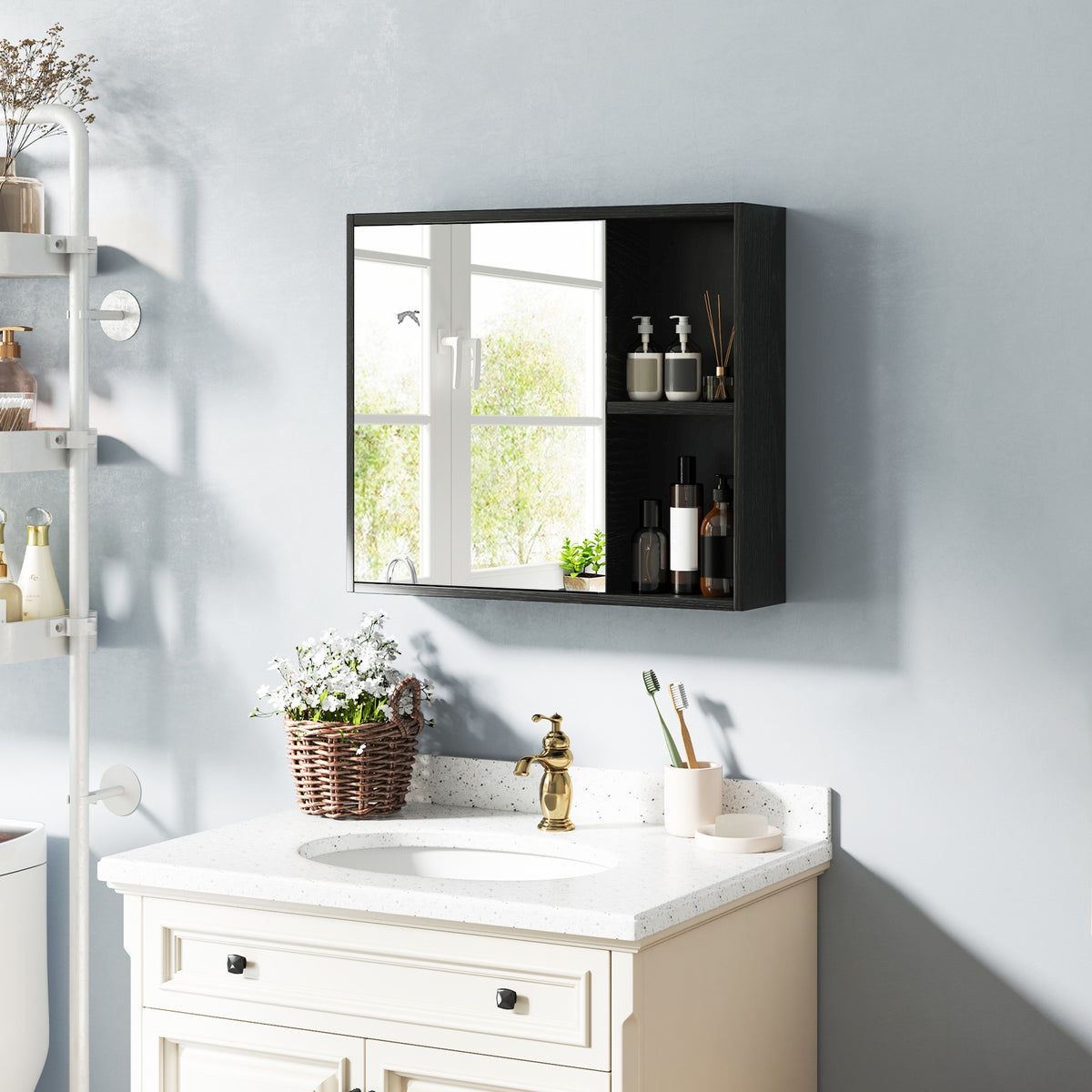 Bathroom Medicine Cabinet with Mirror - Black 25" Wall Mount-Wall Cabinets-DECOROLALA