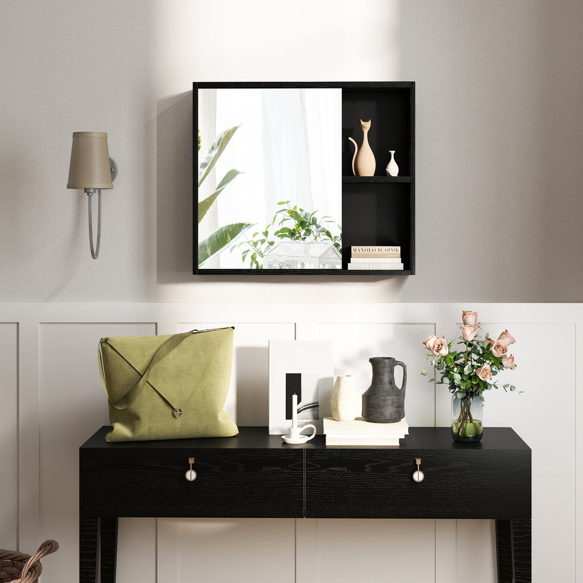 Bathroom Medicine Cabinet with Mirror - Black 25" Wall Mount-Wall Cabinets-DECOROLALA