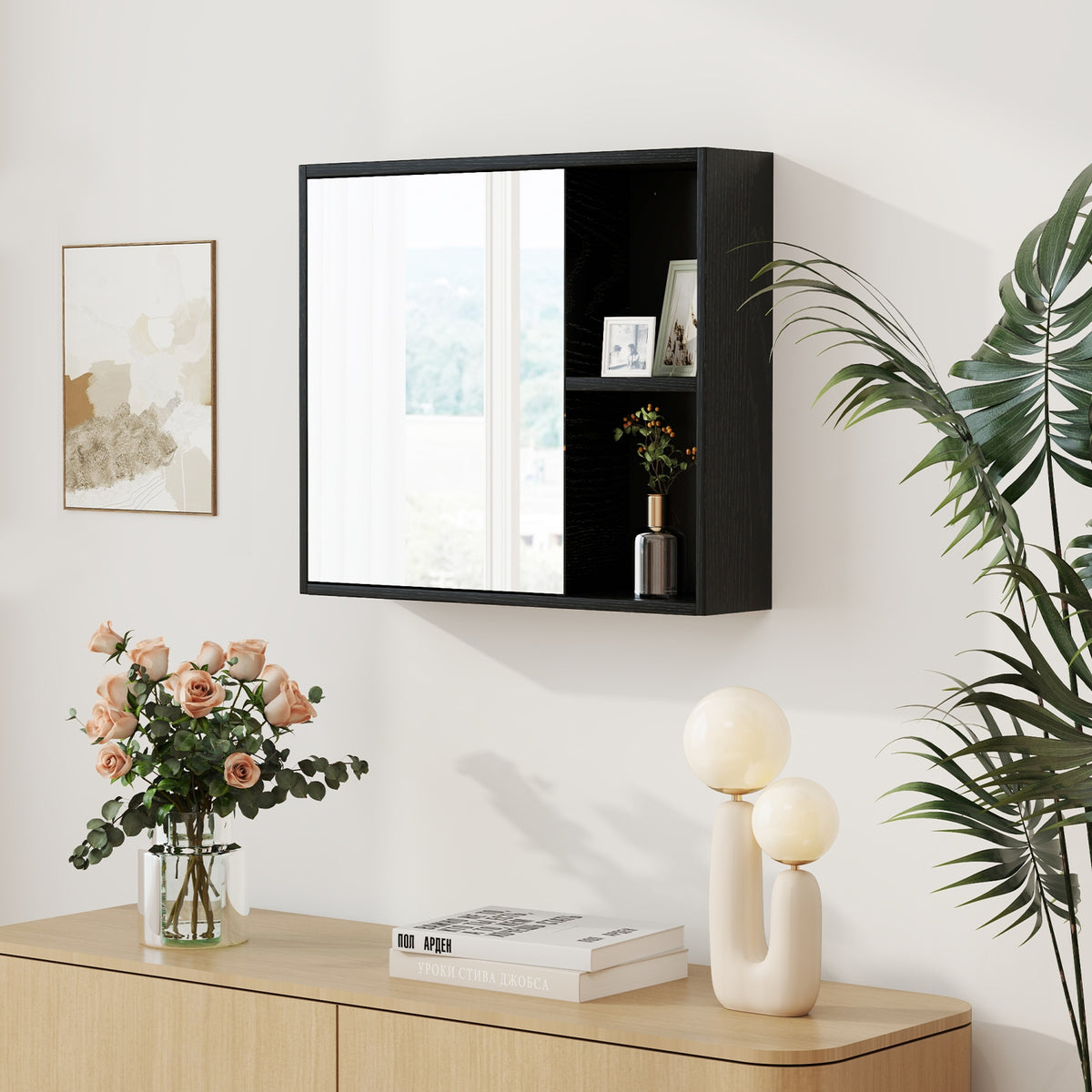 Bathroom Medicine Cabinet with Mirror - Black 25" Wall Mount-Wall Cabinets-DECOROLALA