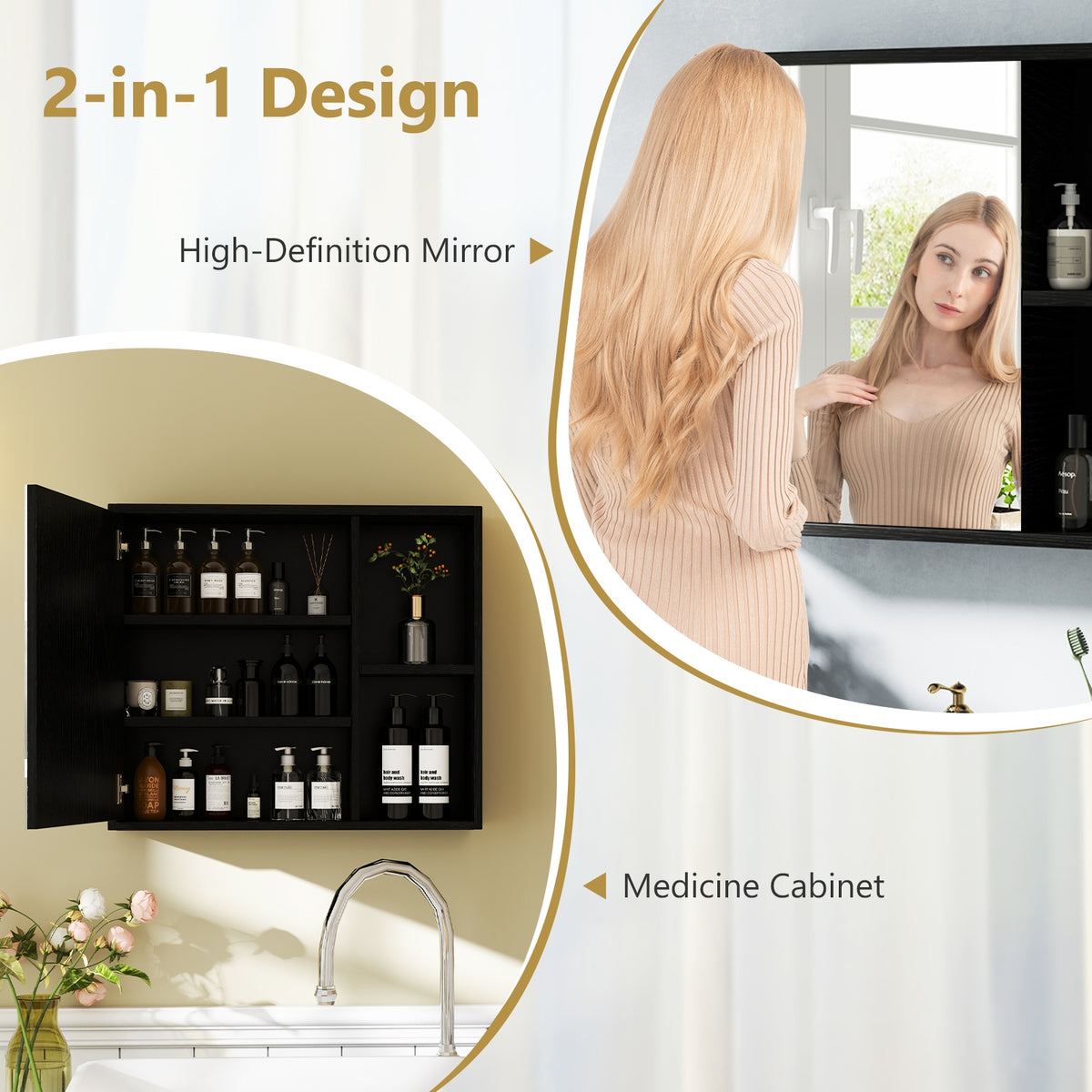 Bathroom Medicine Cabinet with Mirror - Black 25" Wall Mount-Wall Cabinets-DECOROLALA
