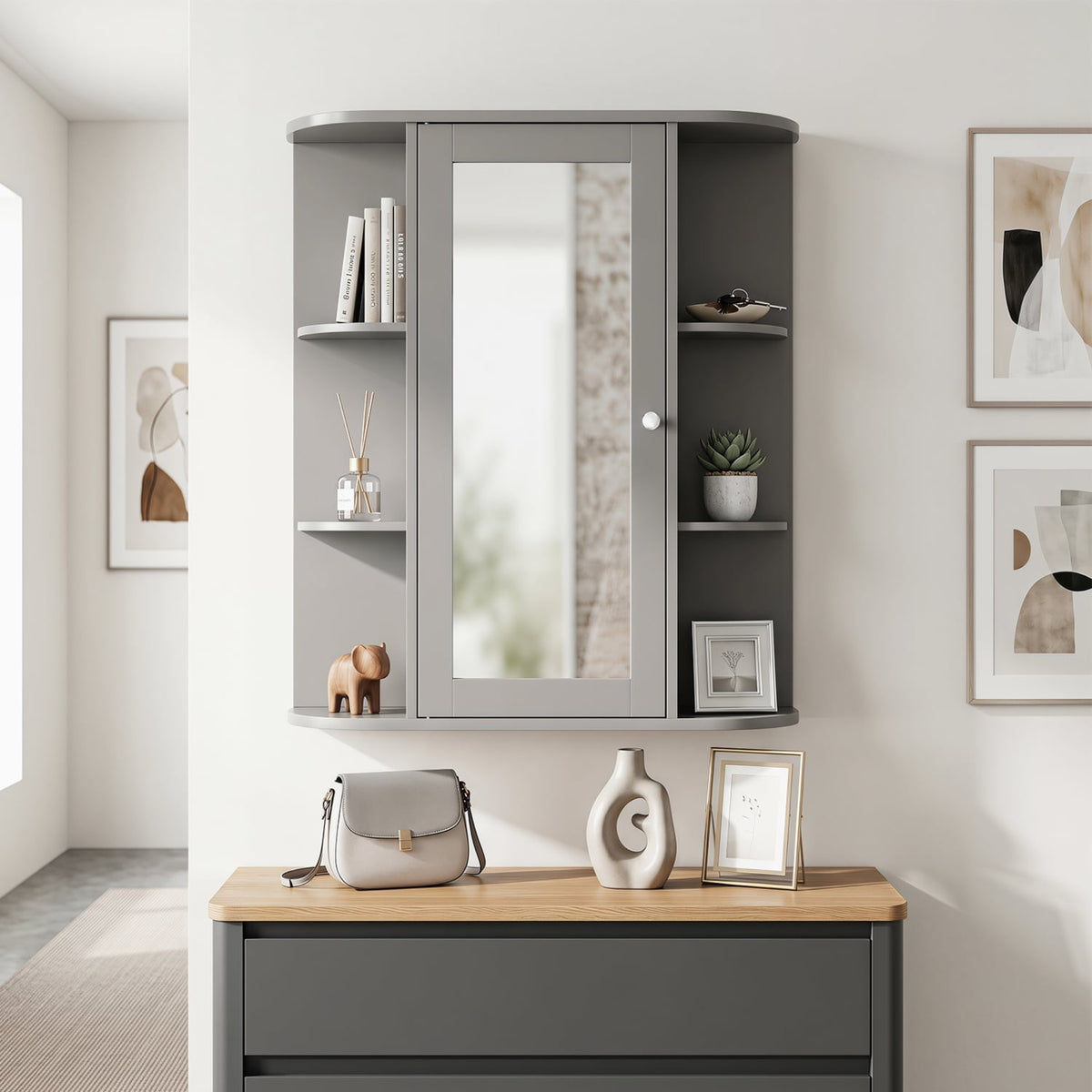 Wall Mount Bathroom Mirror Cabinet - Gray 23.5" MDF 8-Shelf-Wall Cabinets-DECOROLALA