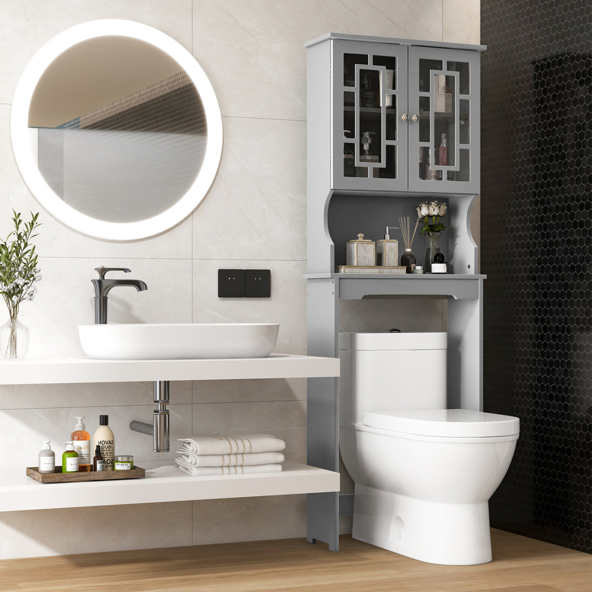 Bathroom Spacesaver Organizer with Adjustable Shelf-Gray-Over the Toilet Storage-DECOROLALA