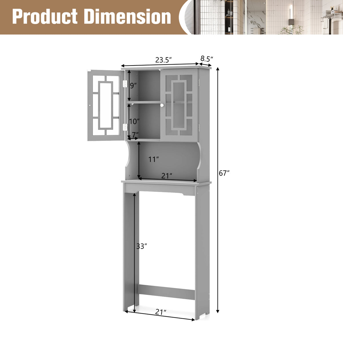 Bathroom Spacesaver Organizer with Adjustable Shelf-Gray-Over the Toilet Storage-DECOROLALA