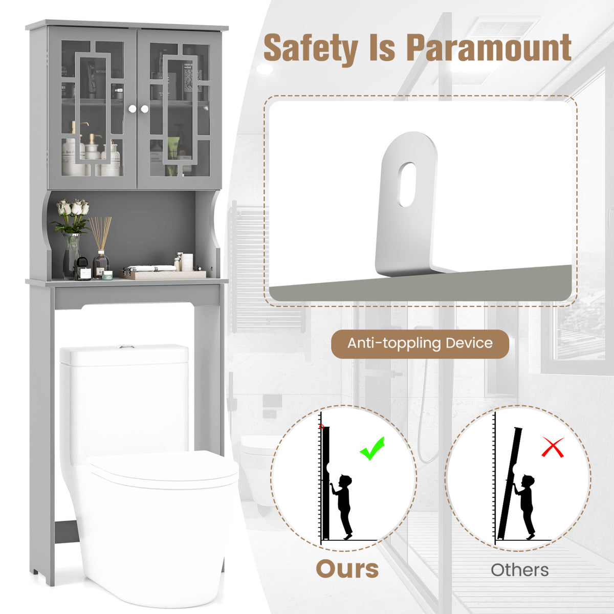 Bathroom Spacesaver Organizer with Adjustable Shelf-Gray-Over the Toilet Storage-DECOROLALA