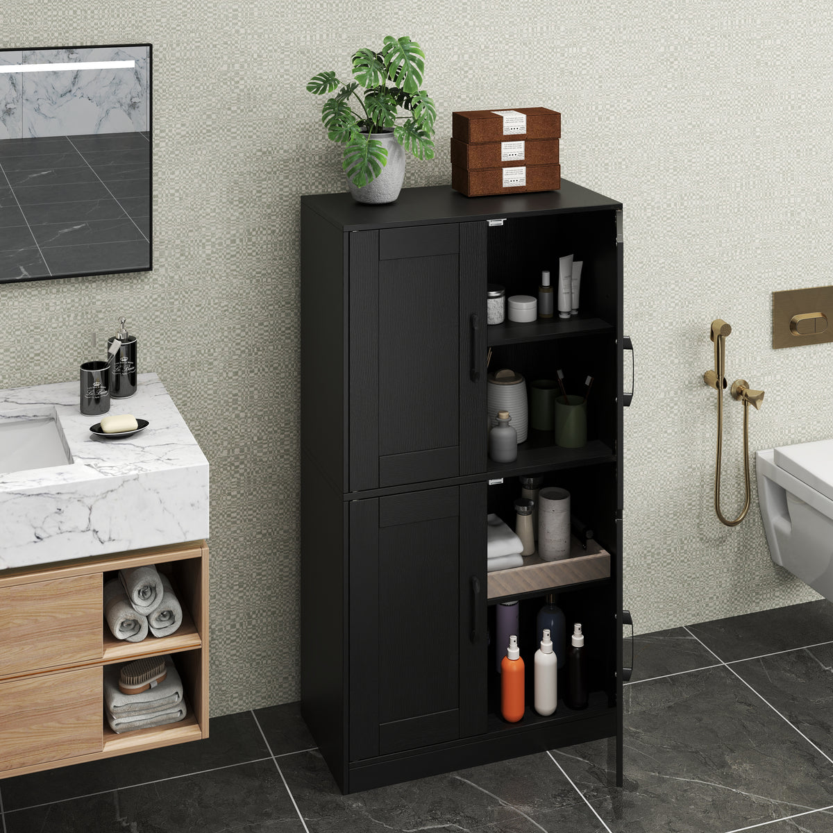 Bathroom Storage Cabinet - 43.5" Black with Adjustable Shelves-Floor Cabinets-DECOROLALA