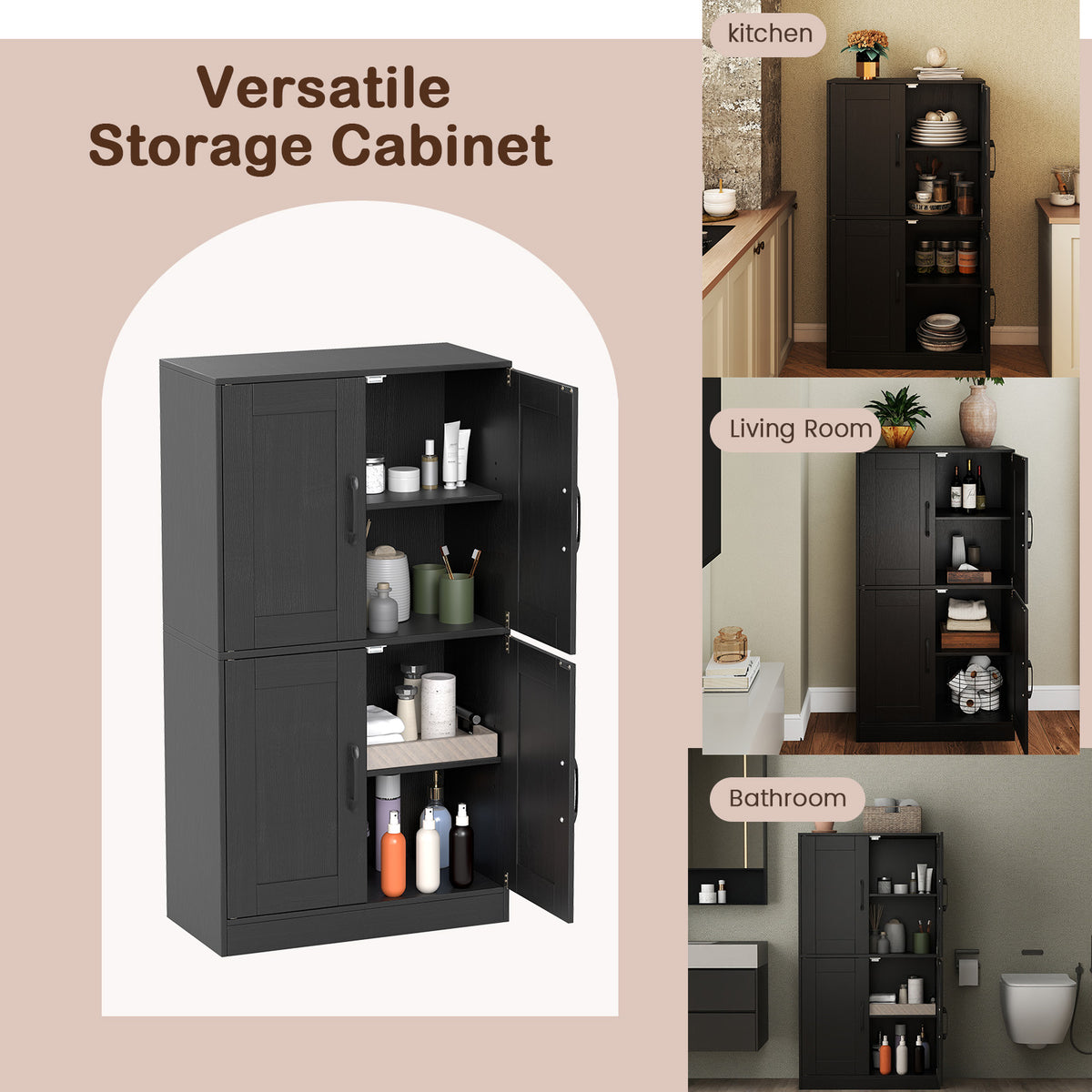 Bathroom Storage Cabinet - 43.5" Black with Adjustable Shelves-Floor Cabinets-DECOROLALA