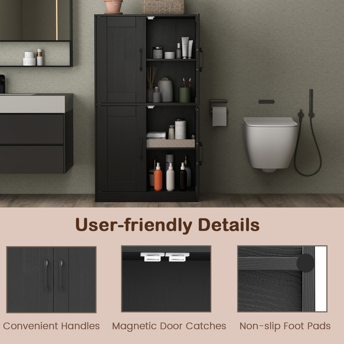 Bathroom Storage Cabinet - 43.5" Black with Adjustable Shelves-Floor Cabinets-DECOROLALA