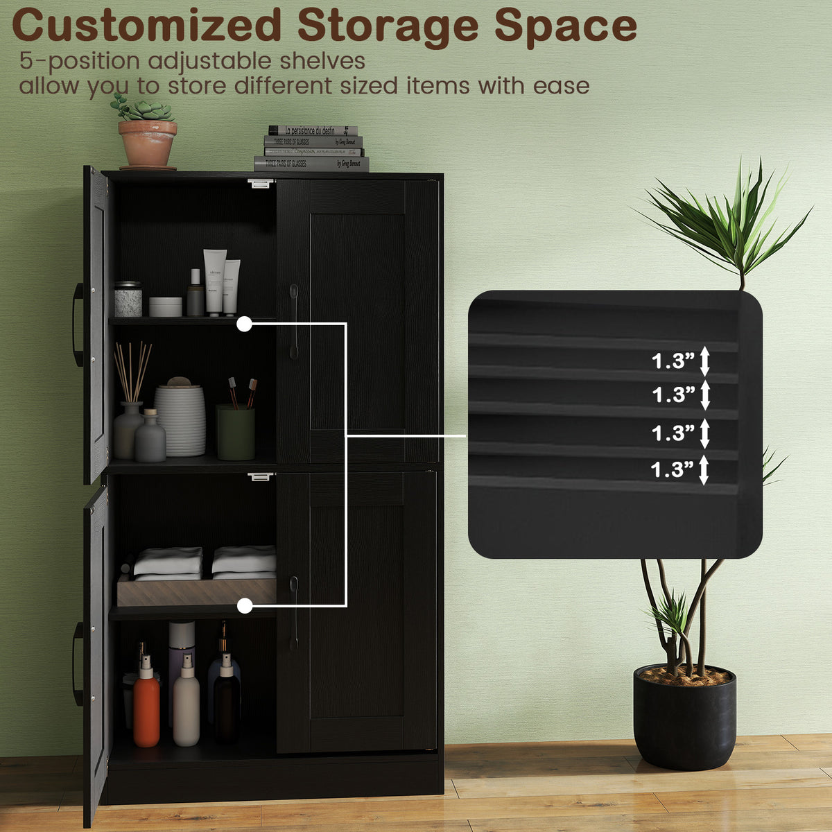 Bathroom Storage Cabinet - 43.5" Black with Adjustable Shelves-Floor Cabinets-DECOROLALA