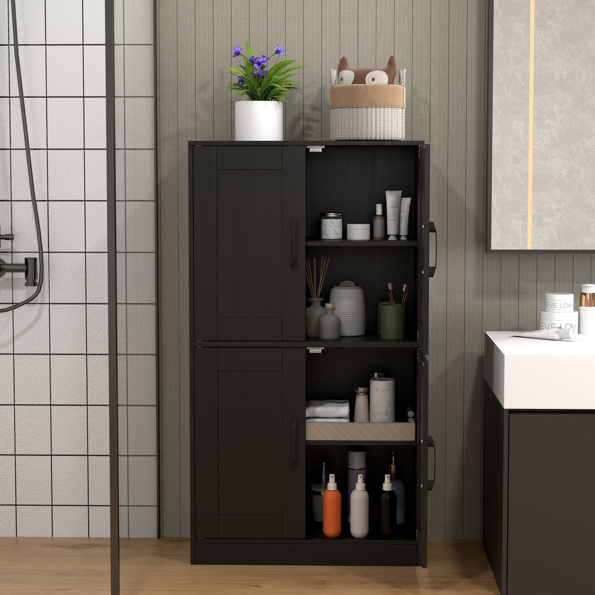 Bathroom Storage Cabinet - 43.5" Black with Adjustable Shelves-Floor Cabinets-DECOROLALA